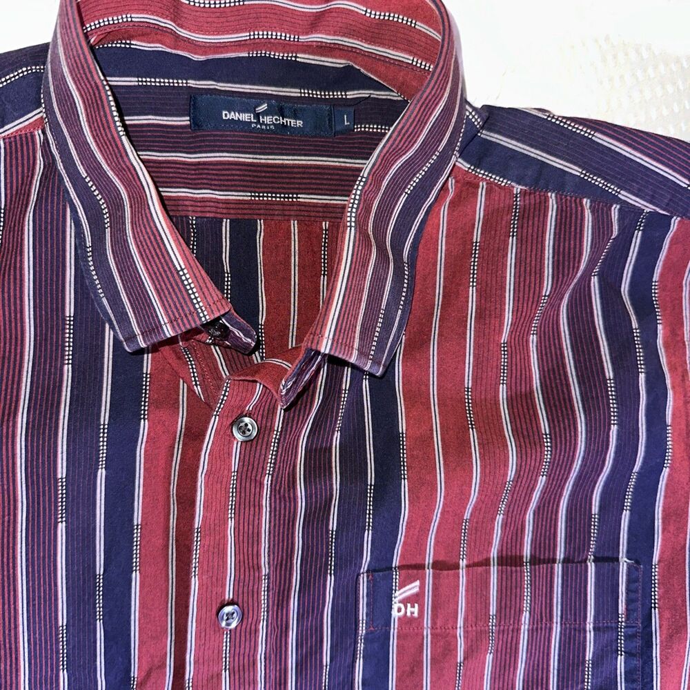 Men's Daniel Hechter Button-Up Shirt Short Sleeve Stripes Red Casual Size L